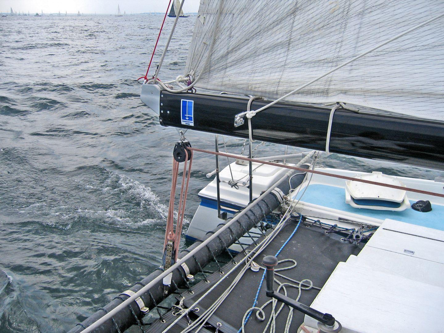New boom.  Note mainsheet winch mounted on console.