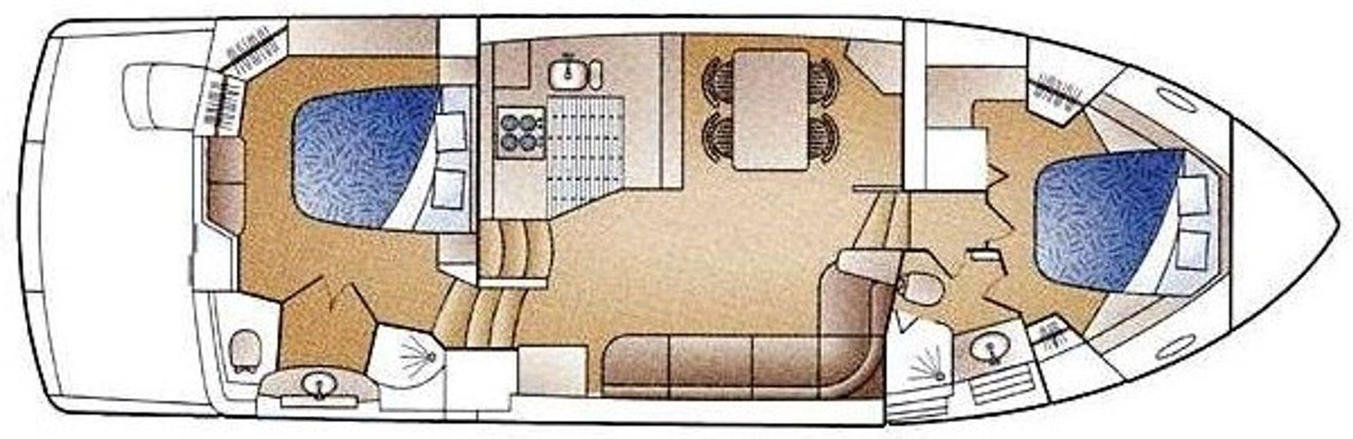 General below deck arrangement & layout. Couch on starboard side has pull out bed. Also aft seat is a lounger. Dinette replaced w/ booth style storage seating. 