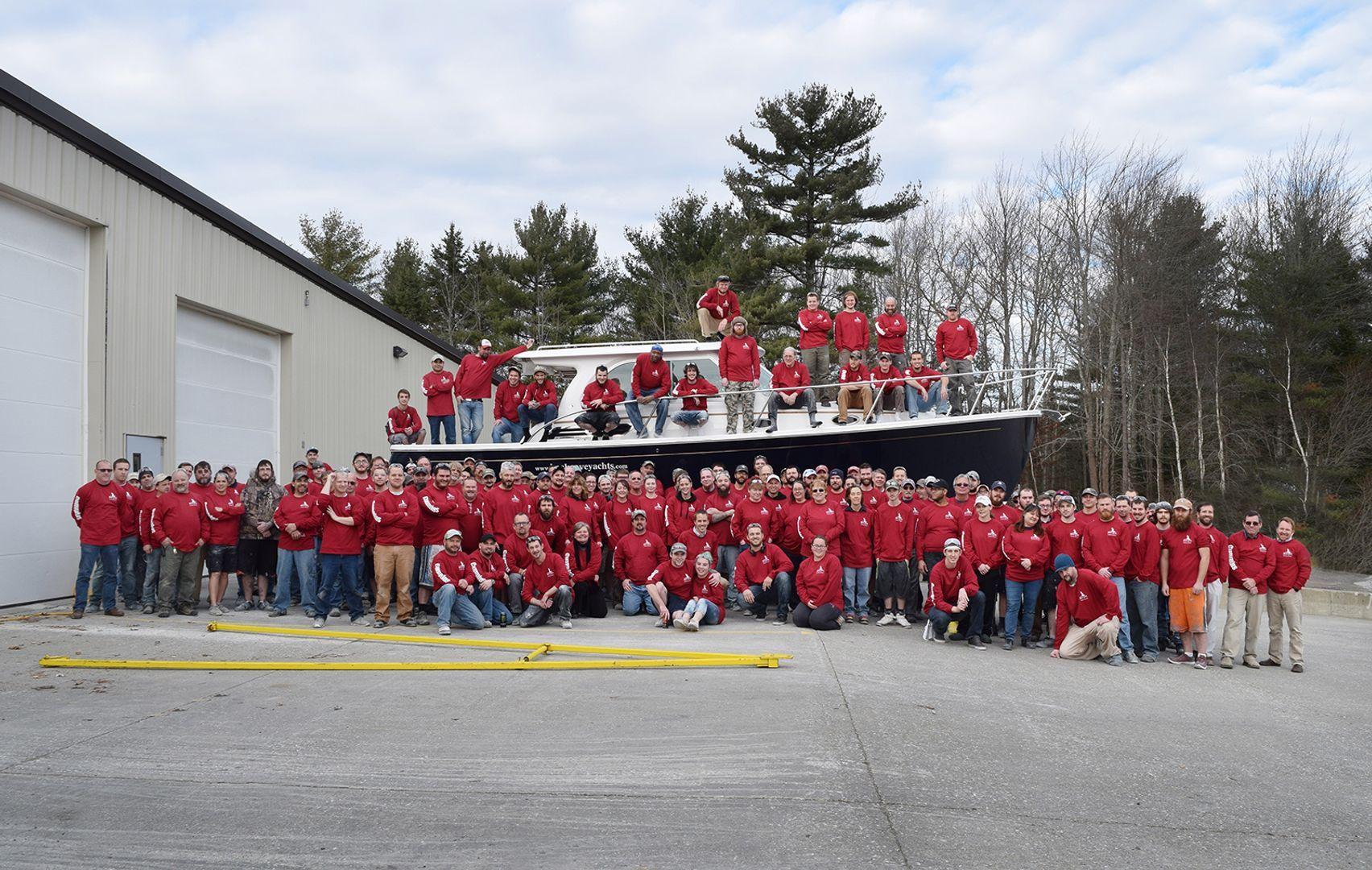 IMUS and the crew who built her, photo taken 12-6-2017 at the Back Cove plant in Rockland, ME — celebrating the 800 hull produced by Back Cove!!